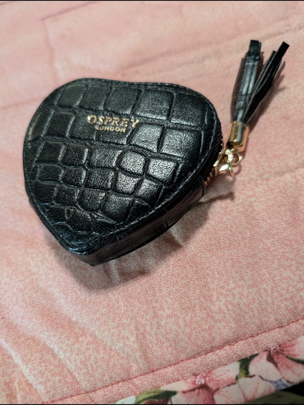 OSPREY Black Heart-Shaped Coin Pouch with Gold Hardware